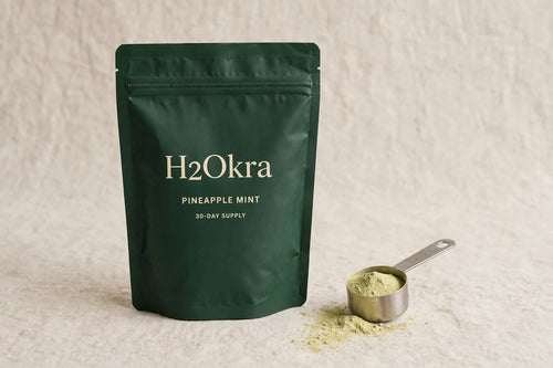 H2Okra okra water powder in Pineapple Mint, 30-day pouch with a scoop of powder, grown on our family farm in Morelos, Mexico