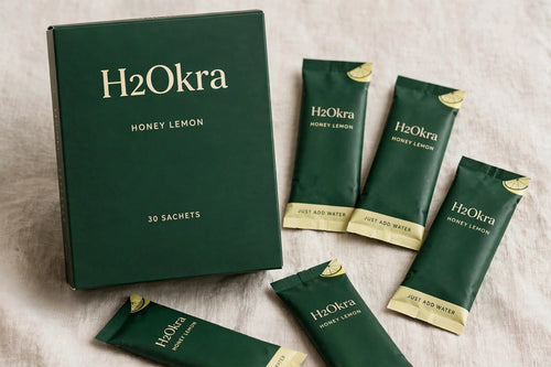 H2Okra okra water stick packs in Green Tea, Honey & Lime, box of 30 single-serve sachets