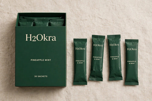 H2Okra okra water stick packs in Pineapple Mint, box of 30 single-serve sachets from our family farm in Morelos, Mexico